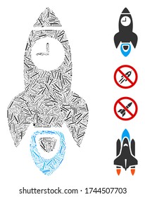 Zeilensymbol für die Sammelraumraketenzeit aus schmalen Elementen in zufälligen Größen und Farbtönen. Linien-Elemente sind in abstrakte Vektorcollage Space Raketenzeitsymbol angeordnet.