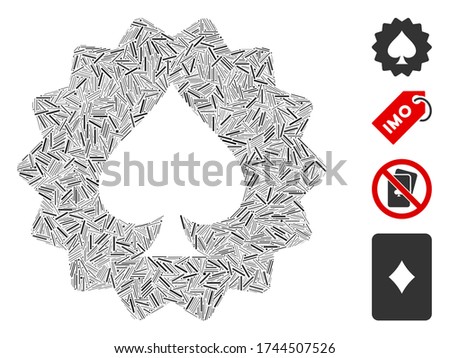 Line collage spades token icon constructed from thin items in variable sizes and color hues. Line items are composed into abstract vector mosaic spades token icon. Bonus icons are placed.