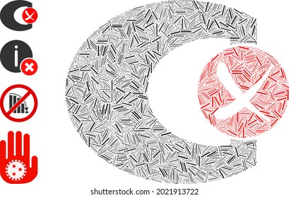 Line collage standard control failed icon united from straight elements in variable sizes and color hues. Irregular hatch items are united into abstract vector collage standard control failed icon.
