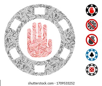 Line collage stop gambling chip icon composed of thin elements in various sizes and color hues. Vector line items are composed into abstract collage stop gambling chip icon. Bonus icons are placed.