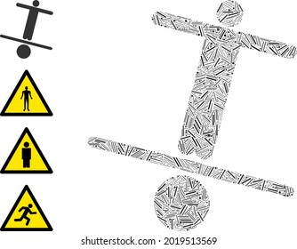 Line collage unstable man icon composed of thin items in random sizes and color hues. Line parts are composed into abstract vector collage unstable man icon. Bonus icons are placed.