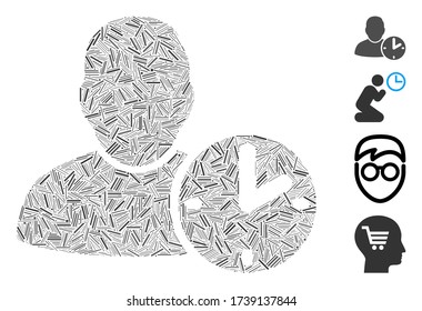 Line collage user time icon organized from narrow elements in different sizes and color hues. Linear items are composed into abstract vector collage user time icon. Bonus pictograms are placed.