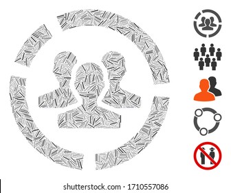 Icono de diagrama de usuarios de intercalación de línea diseñado a partir de elementos estrechos en diferentes tamaños y tonos de color. Los elementos de línea de vectores se unen en el icono de diagrama de usuarios de collage abstracto. Se colocan iconos de bonificación.