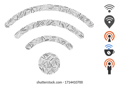 Line collage Wi-Fi source icon organized from narrow elements in different sizes and color hues. Vector line items are organized into abstract illustration Wi-Fi source icon.