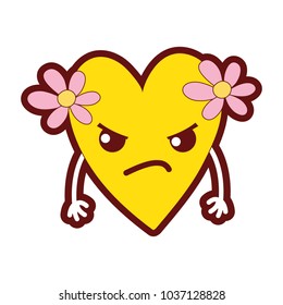 line color angry heart with flowers kawaii cartoon