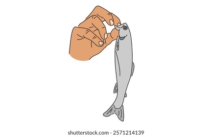 line color art of hand holding fish illustration