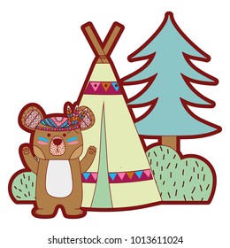 line color bear animal with camp next to bush and pine tree