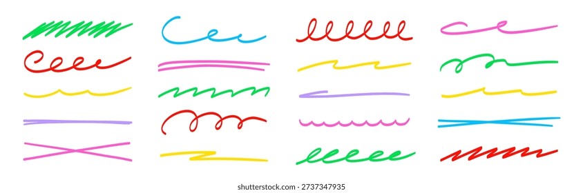 Line color brush underline set. Line underline brush hand drawn pen marker strokeswoosh, squiggle shape..Doodle scribble wavy wave highlight handwriting ink shape background. Vector illustration.