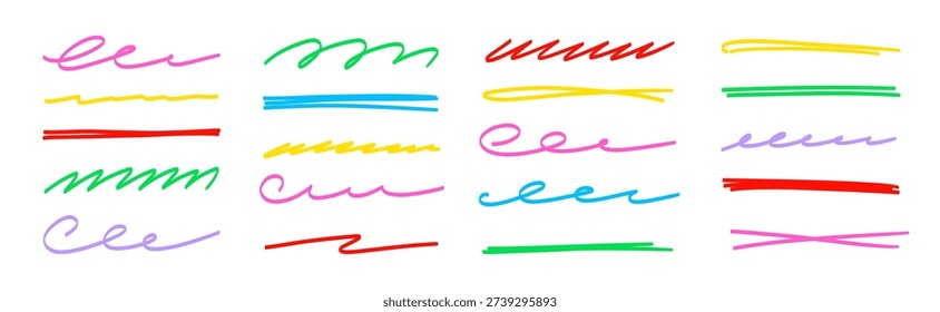Line color brush underline set. Line underline brush hand drawn pen marker strokeswoosh, squiggle shape..Doodle scribble wavy wave highlight handwriting ink shape background. Vector illustration.