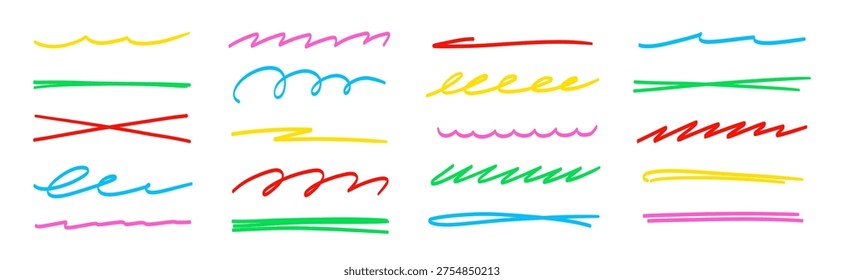 Line color brush underline set. Line underline brush hand drawn pen marker strokeswoosh, squiggle shape..Doodle scribble wavy wave highlight handwriting ink shape background. Vector illustration.