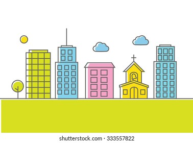 Line color buildings skyline, vector illustration