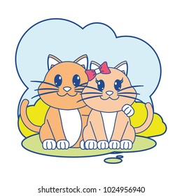 line color cat couple cute animal in the landscape
