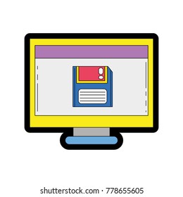 line color computer technology with screen and diskette information vector illustration