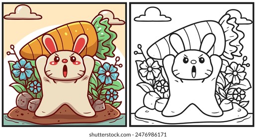 Línea y color lindo conejito Ilustración vectorial para colorear libro