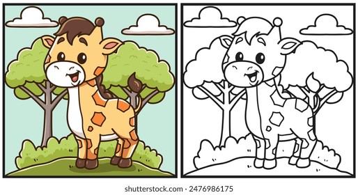 Línea y color linda jirafa Ilustración vectorial para colorear libro