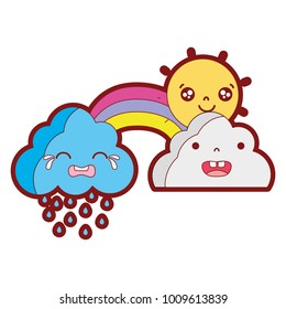 line color cute natural weather clouds with sun and rainbow kawaii