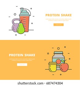 Line and color design, vector illustration of a sports nutrition concept. Horizontal banners with elements for a protein shake. Sports Supplements & Fruits.