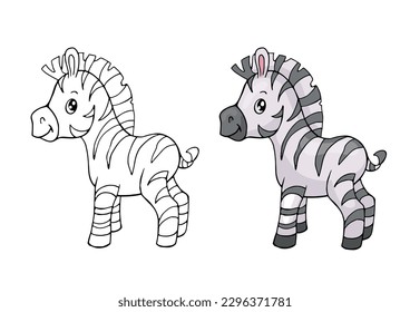 Line and color drawing of the image of a zebra. Children's coloring book. Illustration of cute animal character.