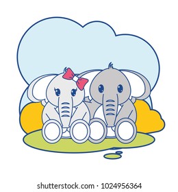 line color elephant couple cute animal in the landscape