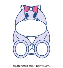 line color female hippopotamus cute animal with ribbon bow