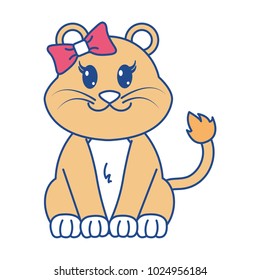 line color female lion cute animal with ribbon bow