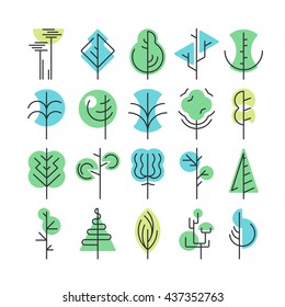 Árboles geométricos de línea y color, conjunto de símbolos aislados, logos. 