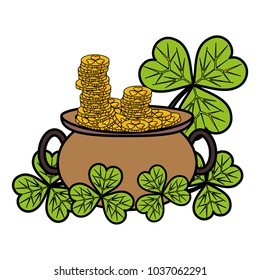 line color gold coins inside cauldron and clovers plant