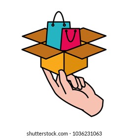 line color hand with shoping bag inside box package