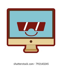line color happy computer screen kawaii with sunglasses