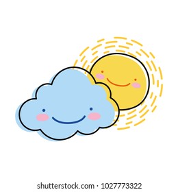 line color happy sun with cloud kawaii natural weather