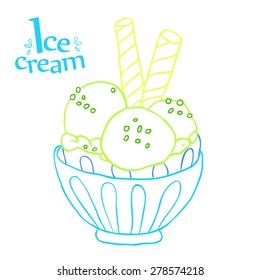 Line color ice cream in bowls, doodle style. vector