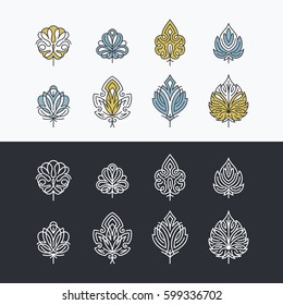 Line and color lacy abstract leaves, set of isolated symbols, icons 