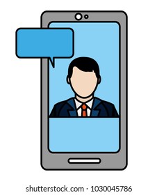 line color man faceless inside smartphone with chat bubble