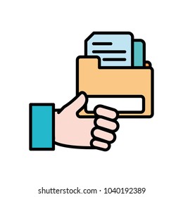 line color man hand with documents inside file folder