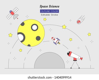 line color object set, space science concept, moon, comet, star, satellite, telescope, rocket, Isolated flat outline vector design, Editable Stroke