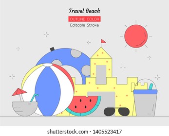 line color object set, travel beach concept, sunglasses, ball, coconut drink, watermelon, sun, sand castle, Ring Pool, bucket, Isolated flat outline vector design, Editable Stroke