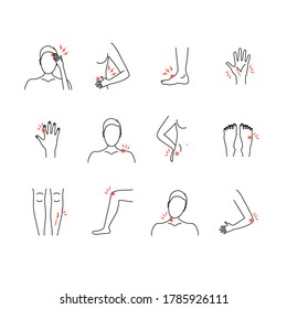 Line Color Pain Human Body Set Include of Hand, Elbow, Shoulder, Neck, Knee and Leg Flat Design. Vector illustration