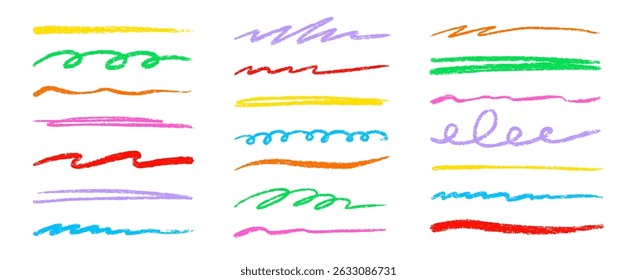 Line color pencil brush kid set. Color chalk pastel pencil underline scribble brush stroke set for kid design. Hand drawn wavy marker underline highlight element. Vector illustration