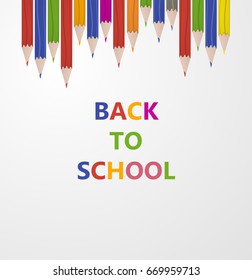 Line up of color pencils with "back to school" text. Education and learning concept. Vector illustration.