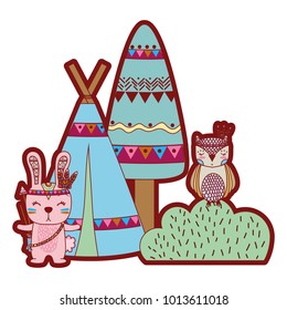 line color rabbit and owl animal with camp and bush plant
