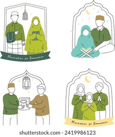 Line color ramadan praying activity vector illustration