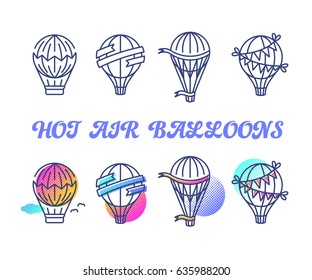Line and color set of hot air balloons, retro and holiday vector monoline and multicolor halftone design elements. 