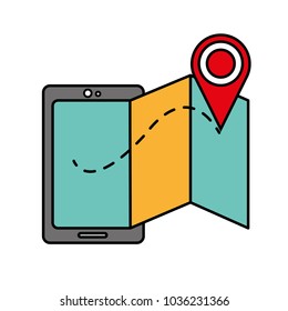 line color smartphone technology with geographyc map and location symbol