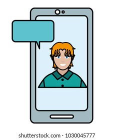 line color user man inside smartphone with chat bubble
