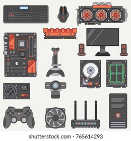 Line color vector computer part icon set. Cartoon style. Digital gaming and business office pc desktop device. Innovation electronic gadget. Internet. Illustration, element for your design, wallpaper