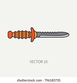 Line color vector diver underwater equipment icon frogman knife. Retro style. Ocean deep, sea beach. Snorkeling. Summer adventure vacation. Scuba aqualung. Illustration element for design, wallpaper
