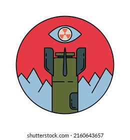 Icono de vector de color de línea torre de cohete nuclear militar abstracto con ojo malvado. Símbolo de arte de la guerra sangrienta. Detengan la invasión militar rusa. La guerra nuclear acaba con el logo del concepto mundial. En contra de la propaganda de putins.