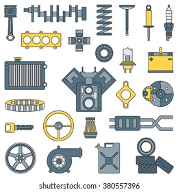 Line color vector icon car parts set with undercarriage, engine elements. Industrial style. 