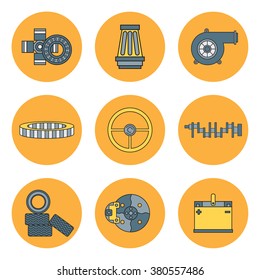 Line color vector icon car parts set with undercarriage, engine elements. Industrial style. 