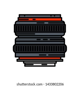 Line color vector icon digital photographer professional equipment. Photography art. Photographic camera lens telephoto, fish eye, portrait. Cartoon style illustration, design. Snapshot photo studio.